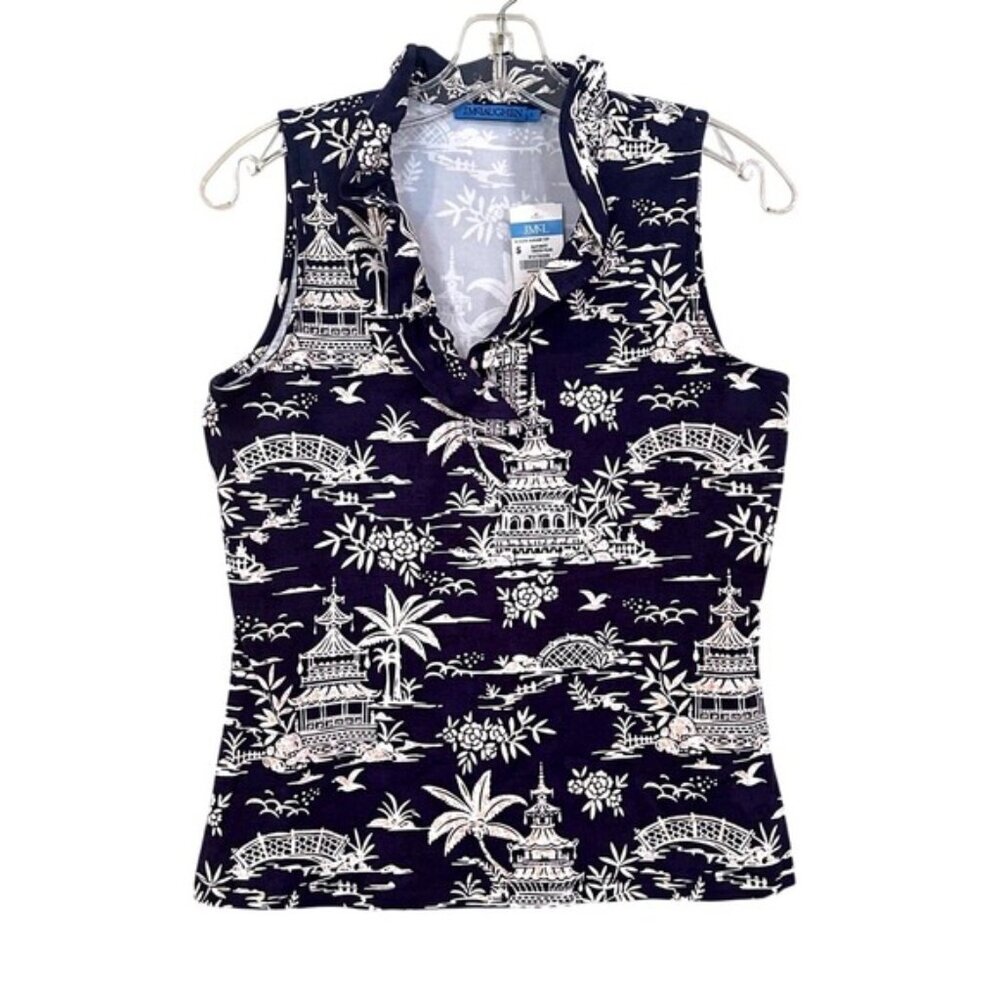 J McLaughlin  Durham Sleeveless Ruffle Top featuring a tropical pagoda print. L